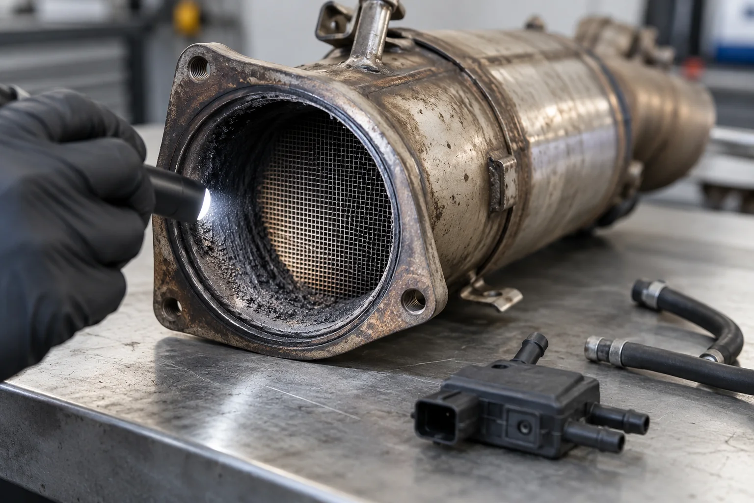 Inspección del núcleo de un filtro DPF y su sensor de presión.