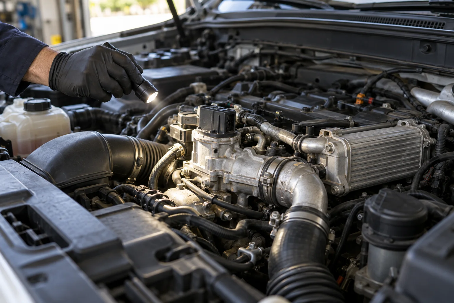 Inspección de válvula EGR y enfriador en un motor diésel.